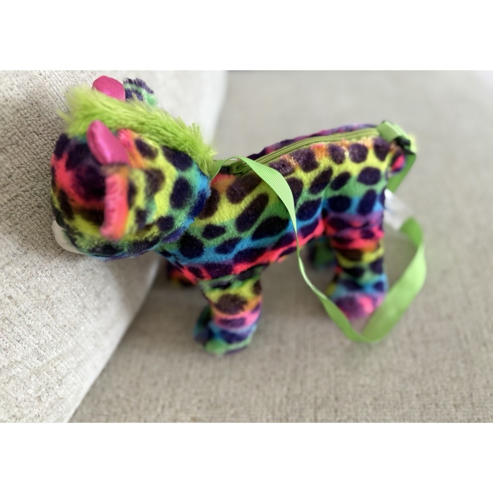 Hug Fun Purse‎ Plush Stuffed Rainbow Colorful Leopard Cheetah Strap Zipper 9"